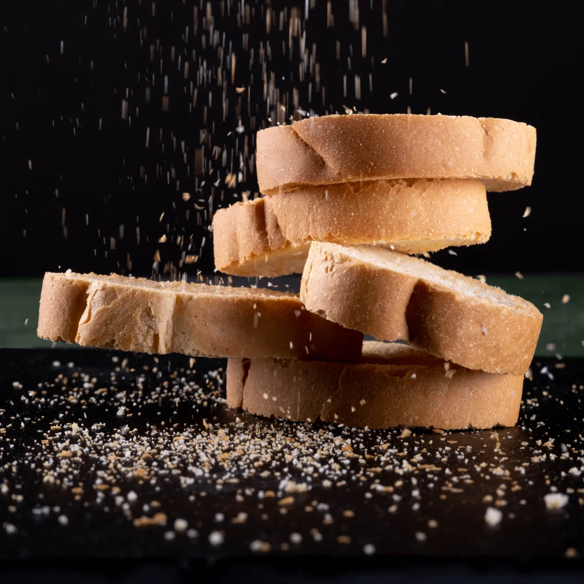 Fette di pane tostato impilate sotto una pioggia di briciole